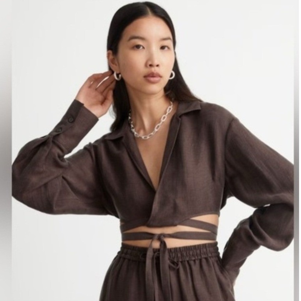 & Other Stories Linen Top 0 Womens Brown Wrap Cropped Tie Waist Minimalist Chic